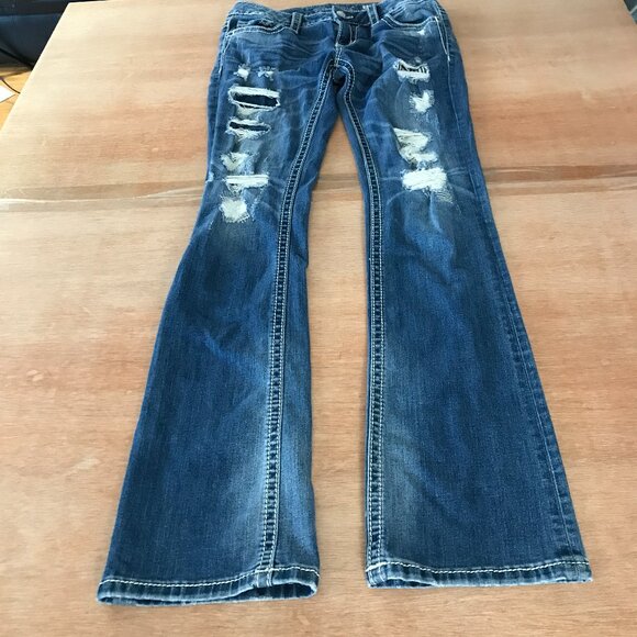 Miss Me Slim Bootcut Jeans Women 26 Blue Mid Rise Zebra Print Distressed Preppy - Picture 1 of 15